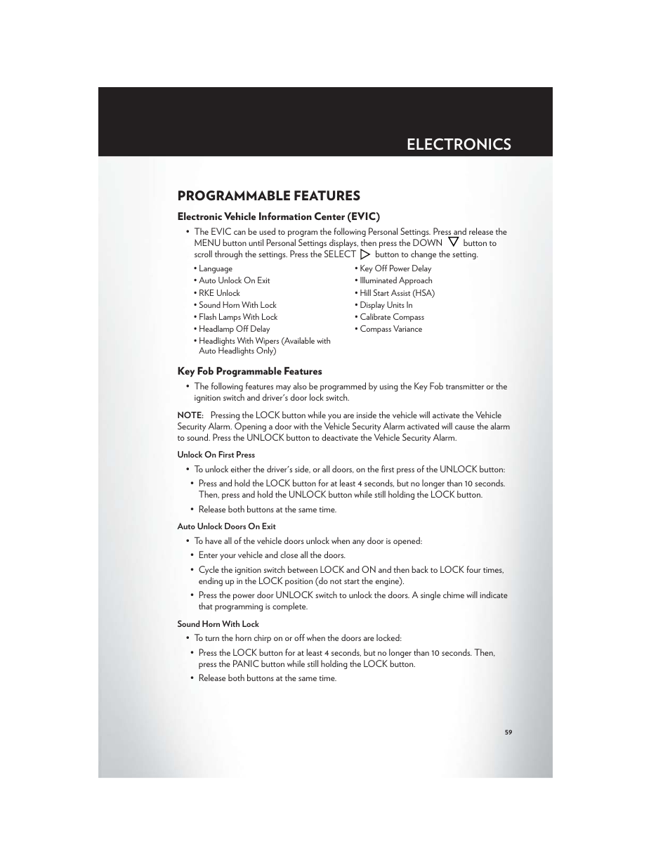 Programmable features, Electronic vehicle information center (evic), Key fob programmable features | Electronics | Chrysler 2012 200 - User Guide User Manual | Page 61 / 108