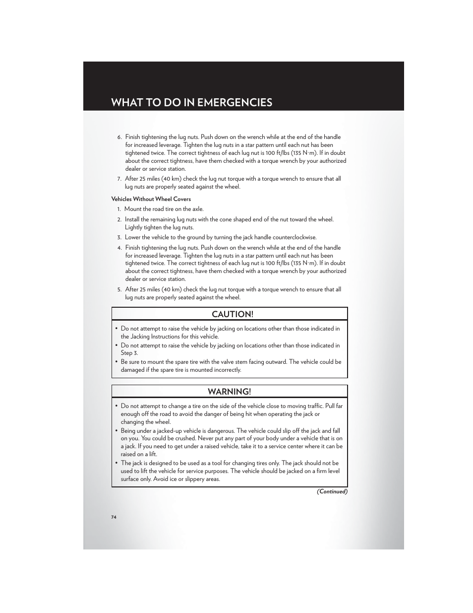 What to do in emergencies, Caution, Warning | Chrysler 2012 200 - User Guide User Manual | Page 76 / 108