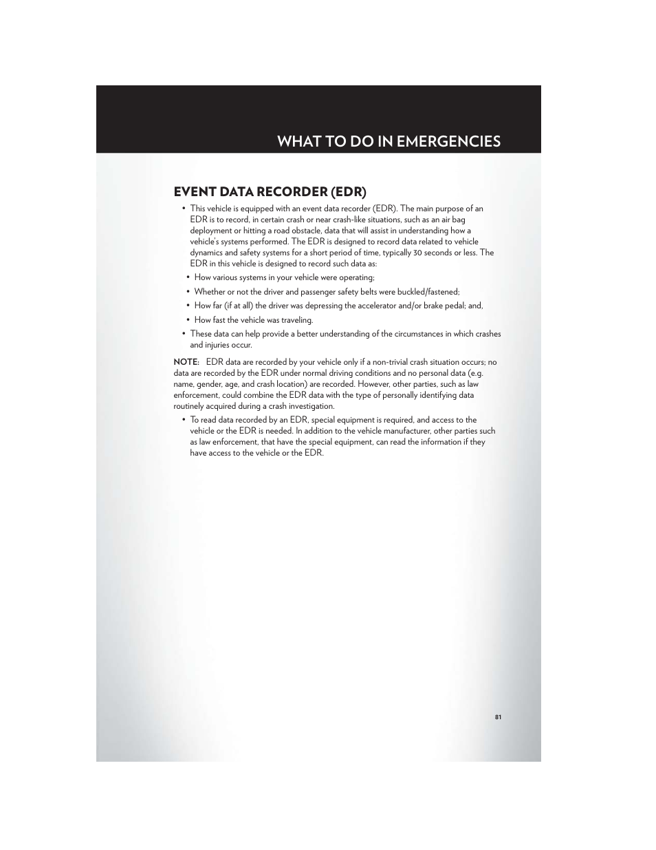 Event data recorder (edr), What to do in emergencies | Chrysler 2012 200 - User Guide User Manual | Page 83 / 108