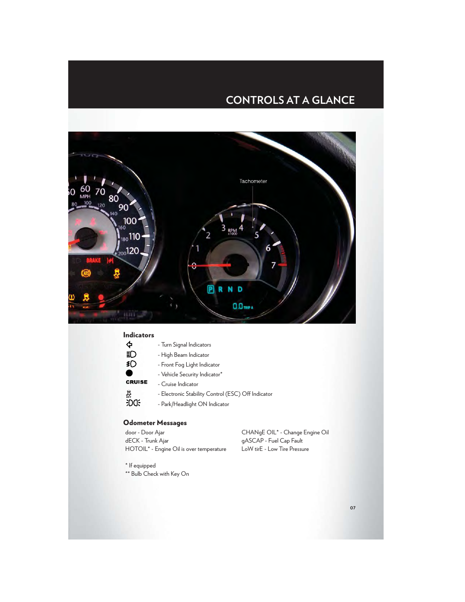 Indicators, Odometer messages, Controls at a glance | Chrysler 2012 200 - User Guide User Manual | Page 9 / 108