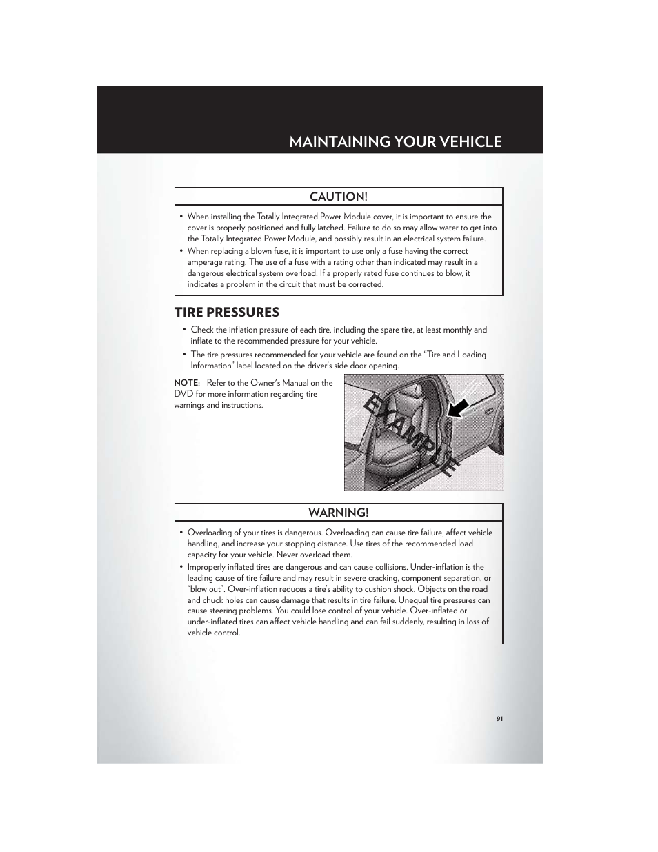 Tire pressures, Maintaining your vehicle | Chrysler 2012 200 - User Guide User Manual | Page 93 / 108