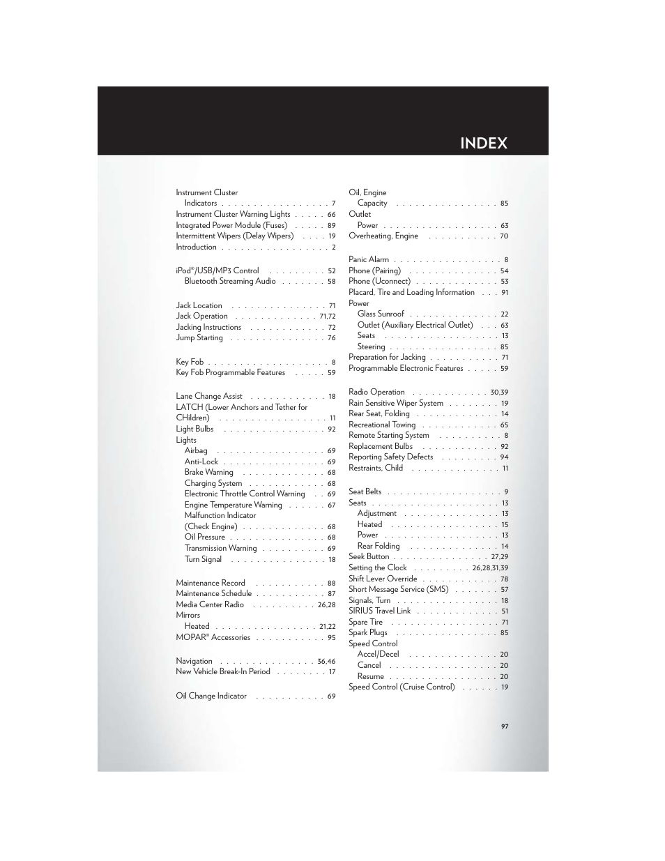 Index | Chrysler 2012 200 - User Guide User Manual | Page 99 / 108