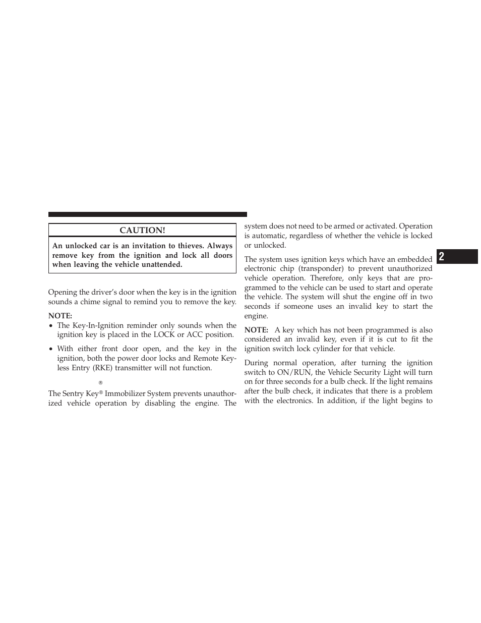 Key-in-ignition reminder, Sentry keyĥ, Sentry key | Chrysler 2012 200 Convertible - Owner Manual User Manual | Page 17 / 517