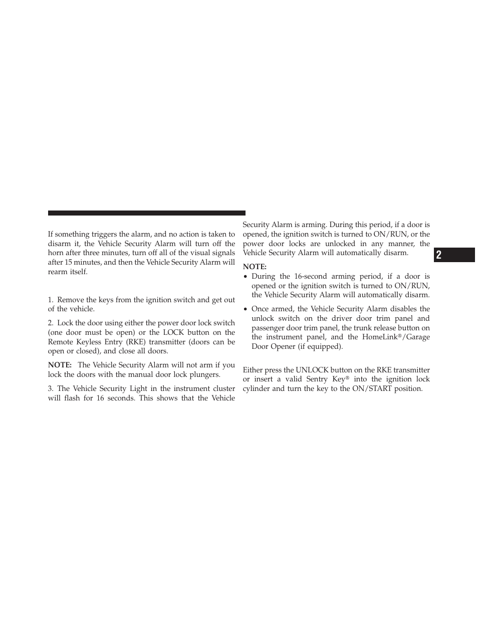 Rearming the system, To arm the system, To disarm the system | Chrysler 2012 200 Convertible - Owner Manual User Manual | Page 21 / 517