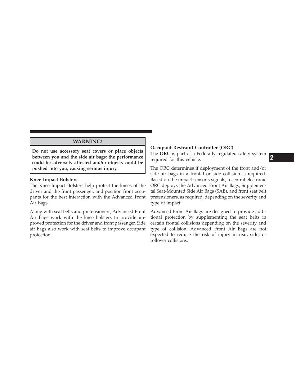 Air bag deployment sensors and controls | Chrysler 2012 200 Convertible - Owner Manual User Manual | Page 63 / 517