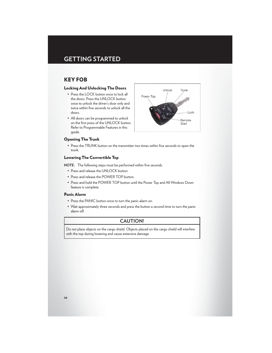 Getting started, Key fob, Locking and unlocking the doors | Opening the trunk, Lowering the convertible top, Panic alarm | Chrysler 2012 200 Convertible - User Guide User Manual | Page 10 / 108