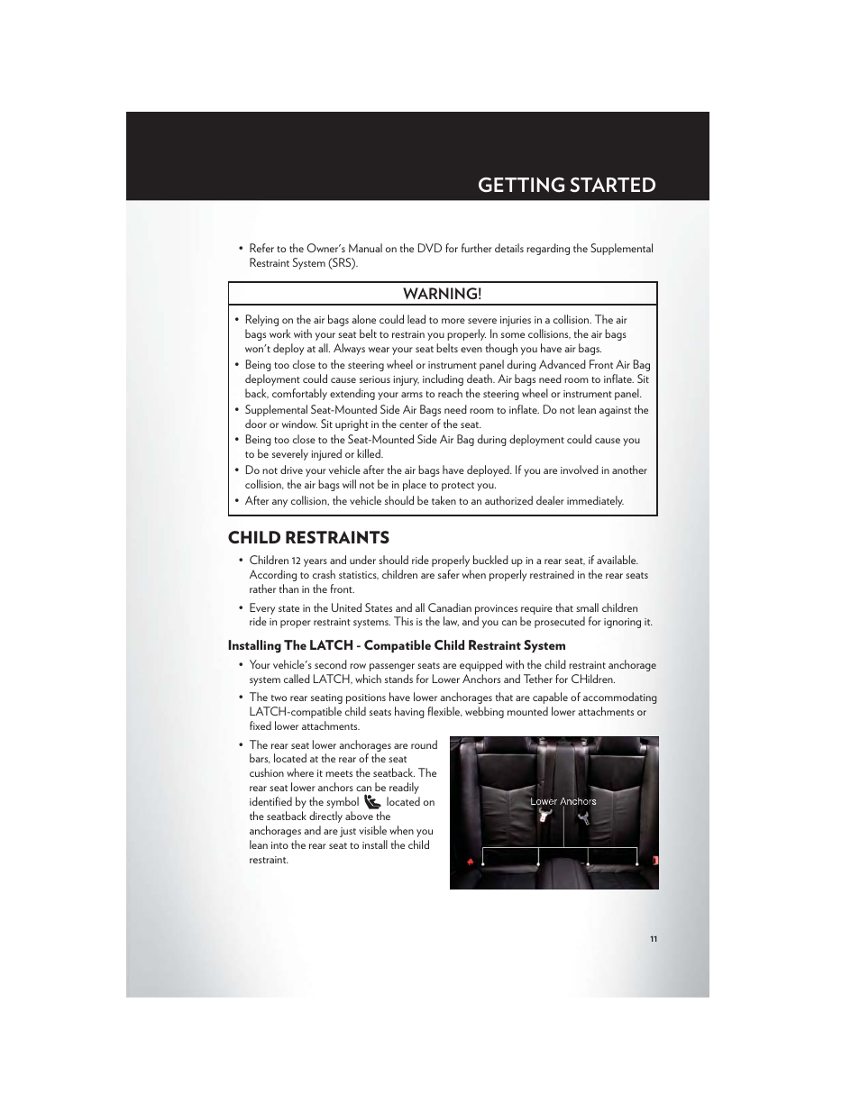 Child restraints, Getting started, Warning | Chrysler 2012 200 Convertible - User Guide User Manual | Page 13 / 108