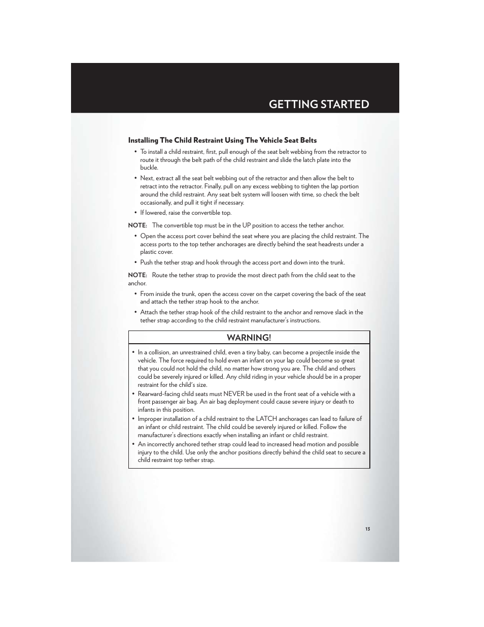 Getting started, Warning | Chrysler 2012 200 Convertible - User Guide User Manual | Page 15 / 108