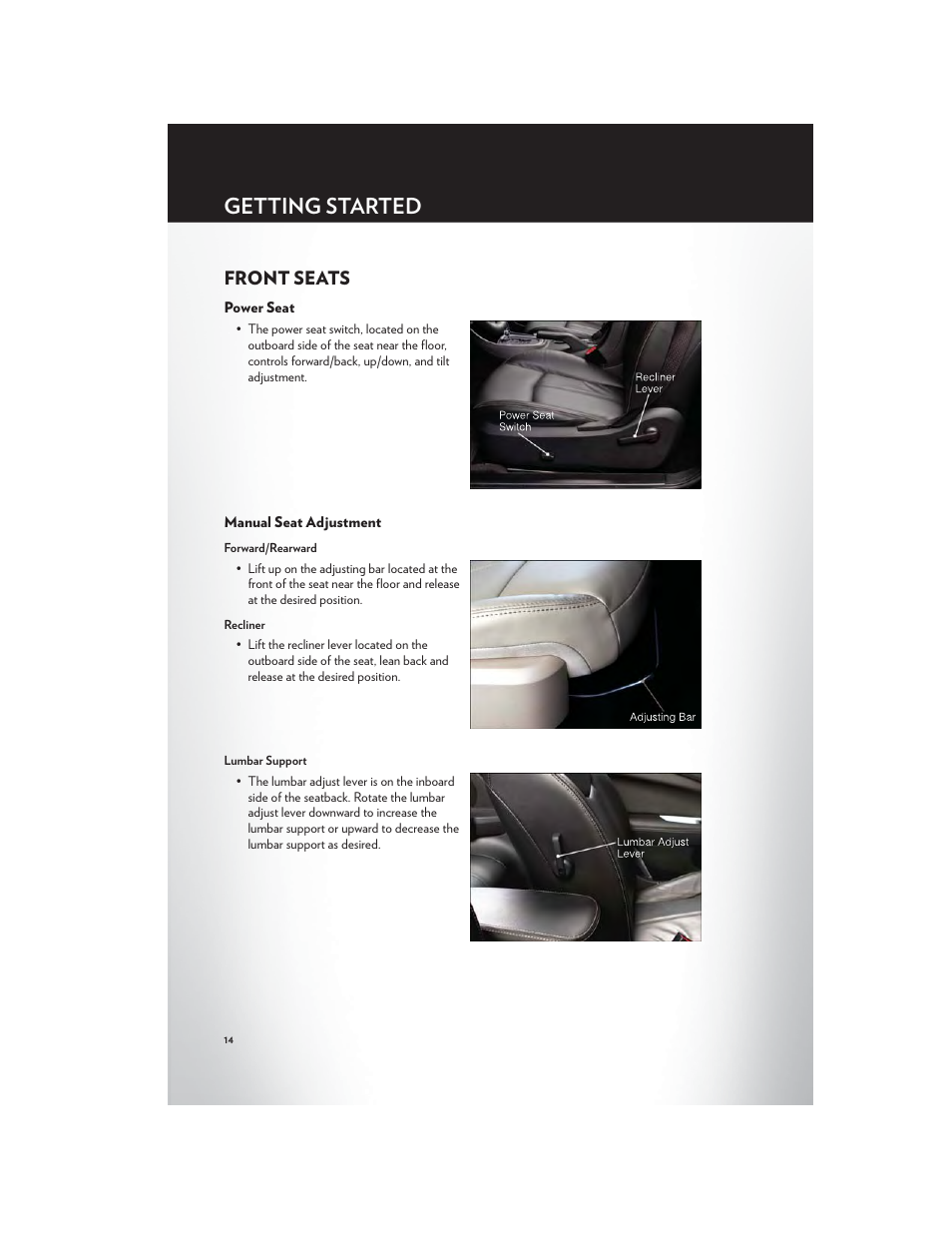 Front seats, Power seat, Manual seat adjustment | Getting started | Chrysler 2012 200 Convertible - User Guide User Manual | Page 16 / 108