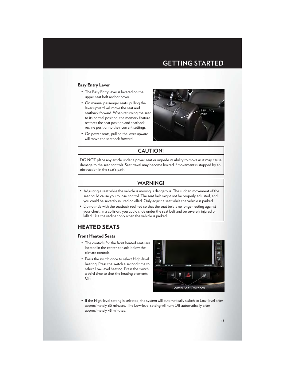 Easy entry lever, Heated seats, Front heated seats | Getting started | Chrysler 2012 200 Convertible - User Guide User Manual | Page 17 / 108