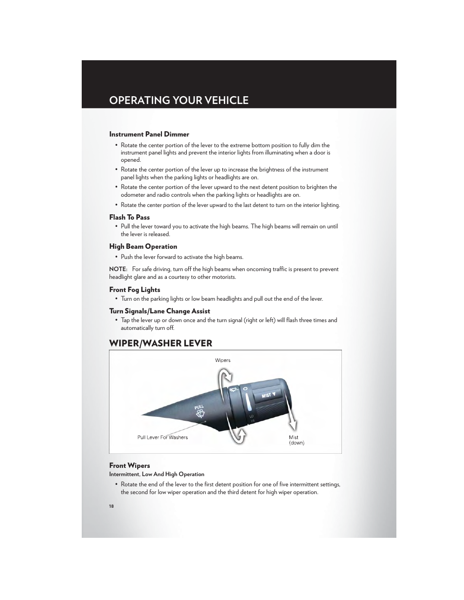 Instrument panel dimmer, Flash to pass, High beam operation | Front fog lights, Turn signals/lane change assist, Wiper/washer lever, Front wipers, Operating your vehicle | Chrysler 2012 200 Convertible - User Guide User Manual | Page 20 / 108
