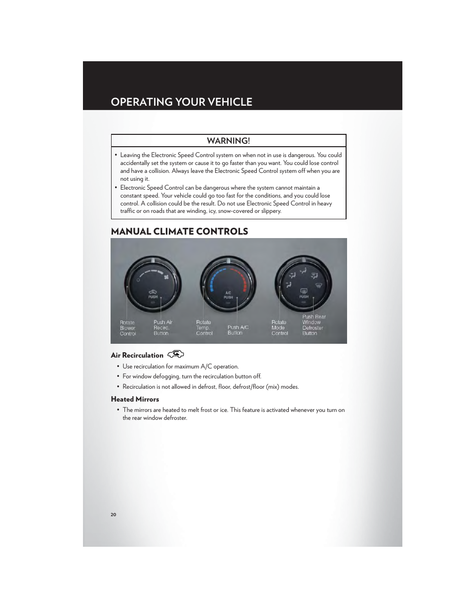 Manual climate controls, Air recirculation, Heated mirrors | Operating your vehicle | Chrysler 2012 200 Convertible - User Guide User Manual | Page 22 / 108
