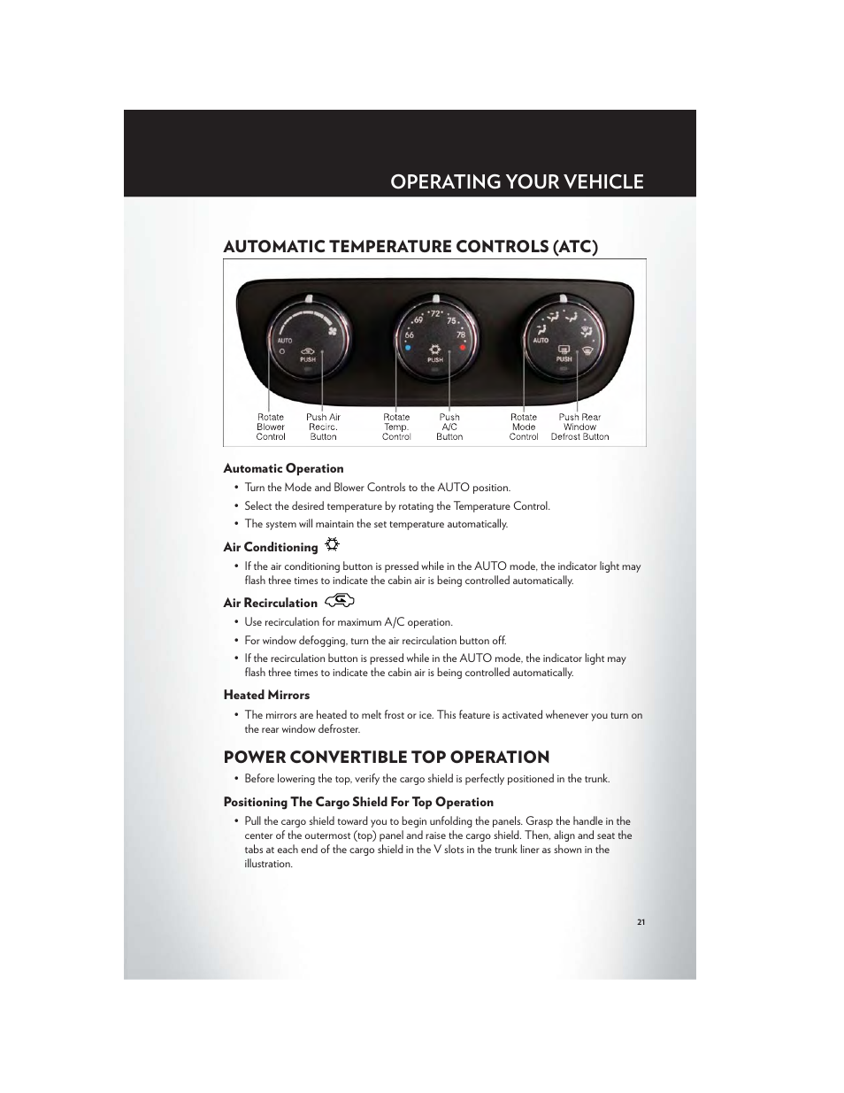 Automatic temperature controls (atc), Automatic operation, Air conditioning | Air recirculation, Heated mirrors, Power convertible top operation, Positioning the cargo shield for top operation, Operating your vehicle | Chrysler 2012 200 Convertible - User Guide User Manual | Page 23 / 108