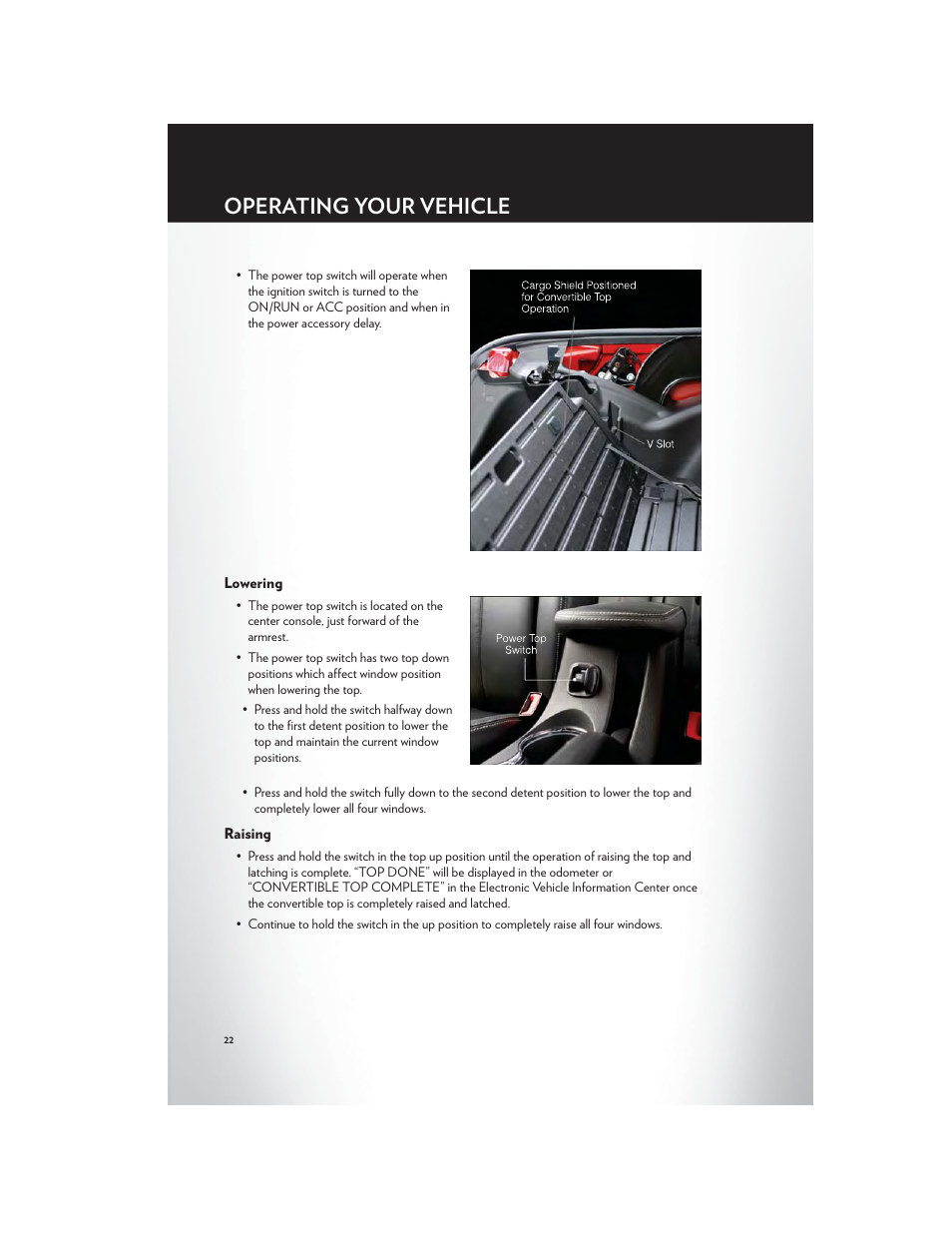 Lowering, Raising, Operating your vehicle | Chrysler 2012 200 Convertible - User Guide User Manual | Page 24 / 108
