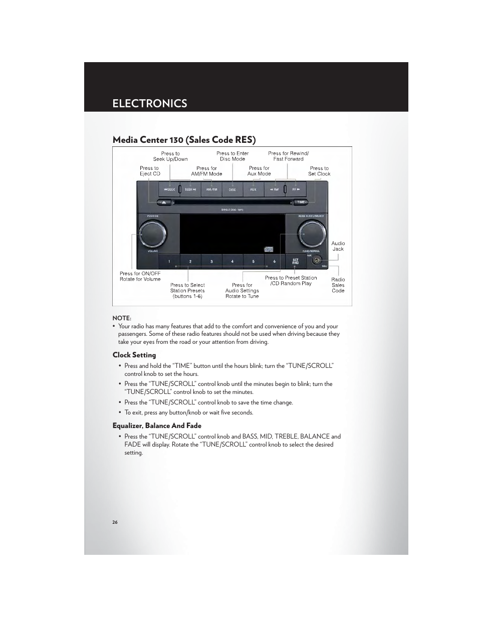 Media center 130 (sales code res), Clock setting, Equalizer, balance and fade | Electronics | Chrysler 2012 200 Convertible - User Guide User Manual | Page 28 / 108