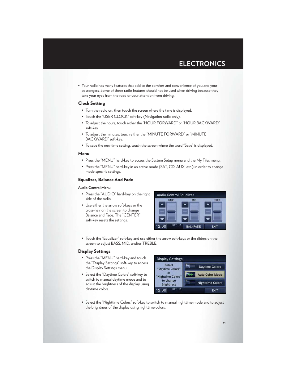 Clock setting, Menu, Equalizer, balance and fade | Display settings, Electronics | Chrysler 2012 200 Convertible - User Guide User Manual | Page 33 / 108