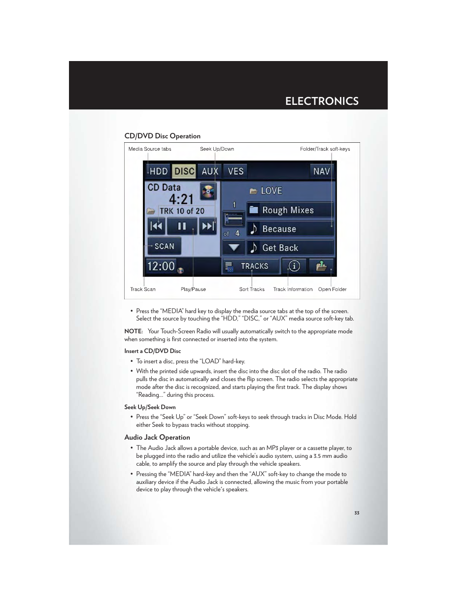 Cd/dvd disc operation, Audio jack operation, Electronics | Chrysler 2012 200 Convertible - User Guide User Manual | Page 35 / 108