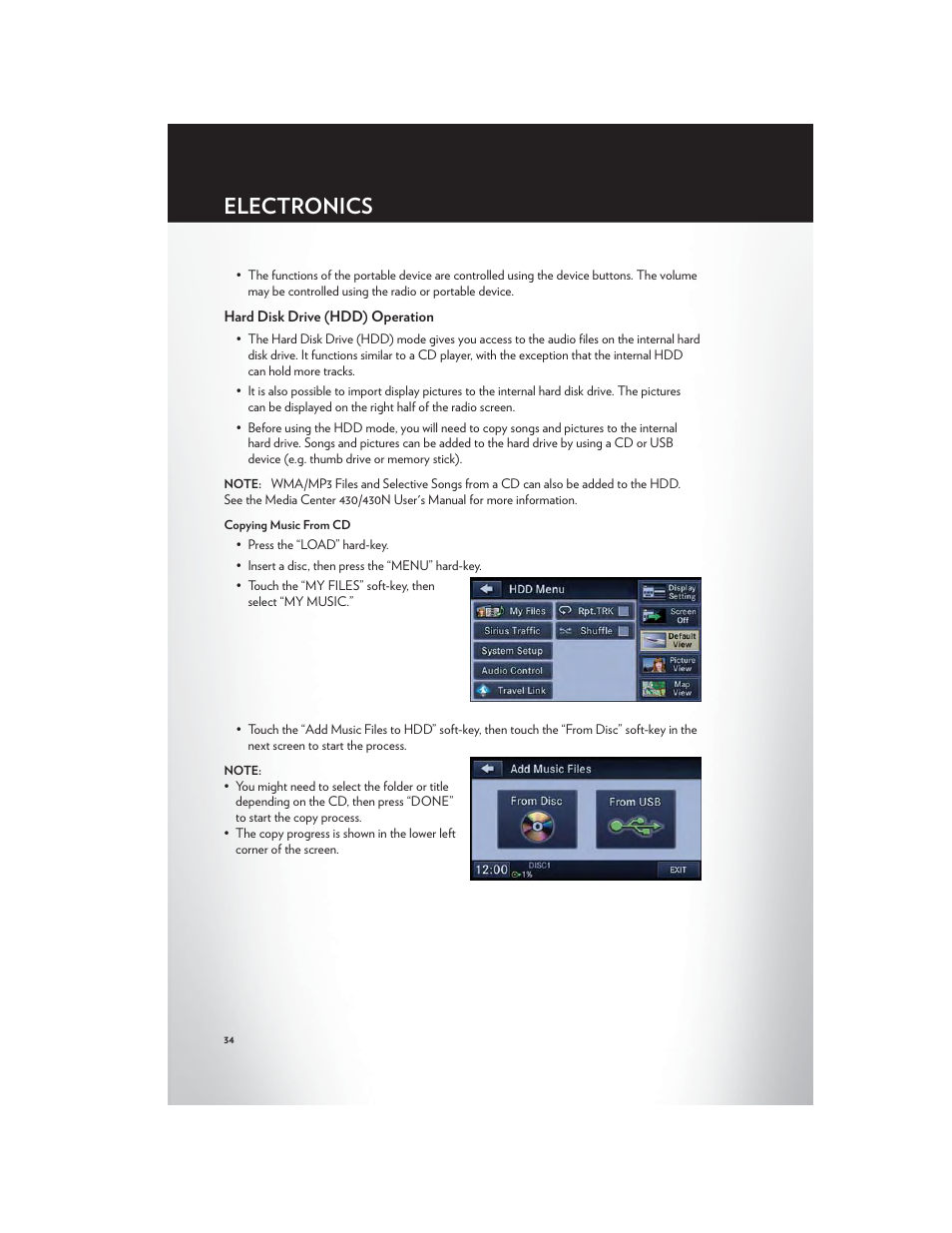 Hard disk drive (hdd) operation, Electronics | Chrysler 2012 200 Convertible - User Guide User Manual | Page 36 / 108