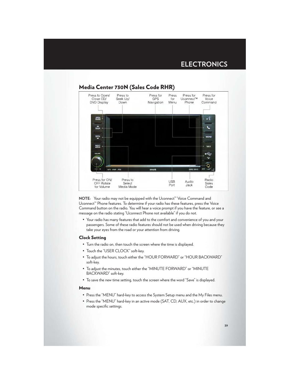 Media center 730n (sales code rhr), Clock setting, Menu | Electronics | Chrysler 2012 200 Convertible - User Guide User Manual | Page 41 / 108