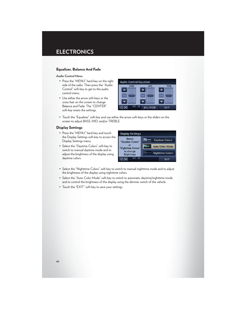 Equalizer, balance and fade, Display settings, Electronics | Chrysler 2012 200 Convertible - User Guide User Manual | Page 42 / 108