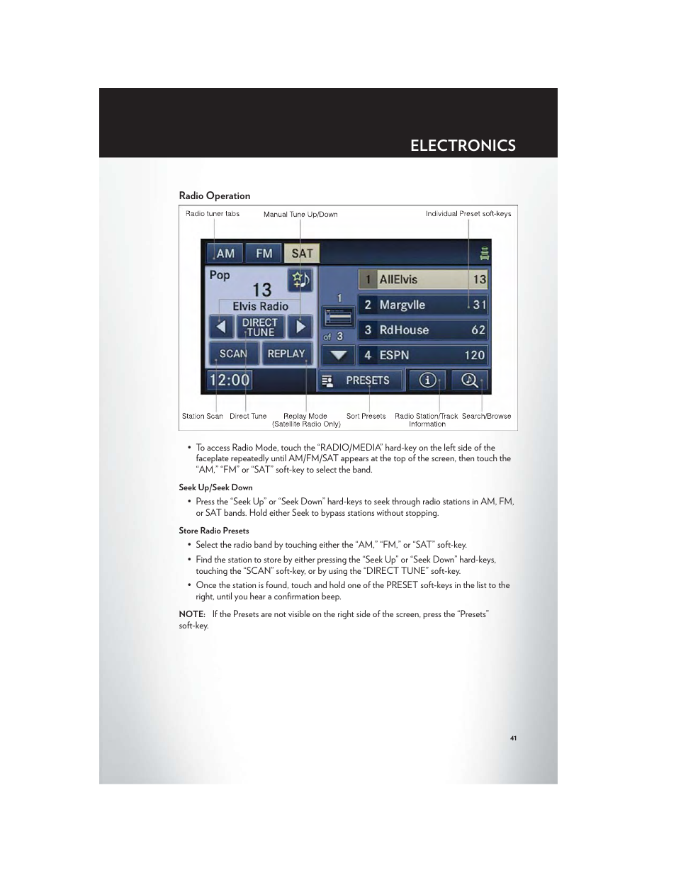Radio operation, Electronics | Chrysler 2012 200 Convertible - User Guide User Manual | Page 43 / 108