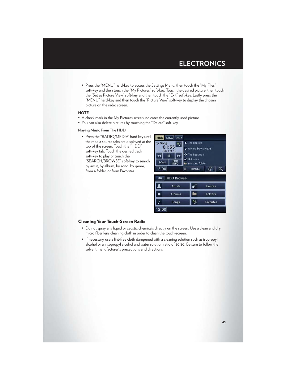 Cleaning your touch-screen radio, Electronics | Chrysler 2012 200 Convertible - User Guide User Manual | Page 47 / 108