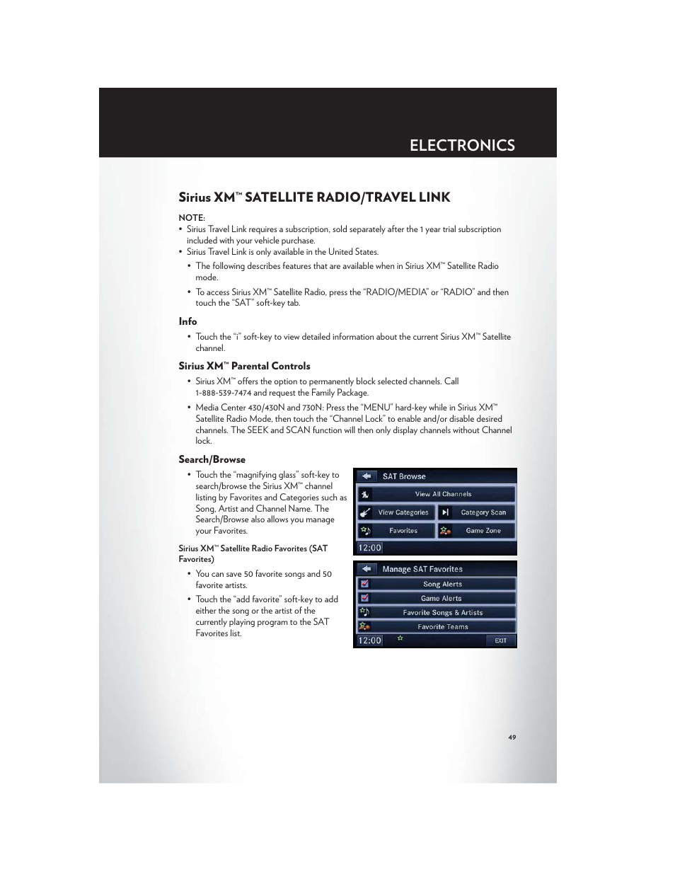 Sirius xm™ satellite radio/travel link, Info, Sirius xm™ parental controls | Search/browse, Electronics | Chrysler 2012 200 Convertible - User Guide User Manual | Page 51 / 108