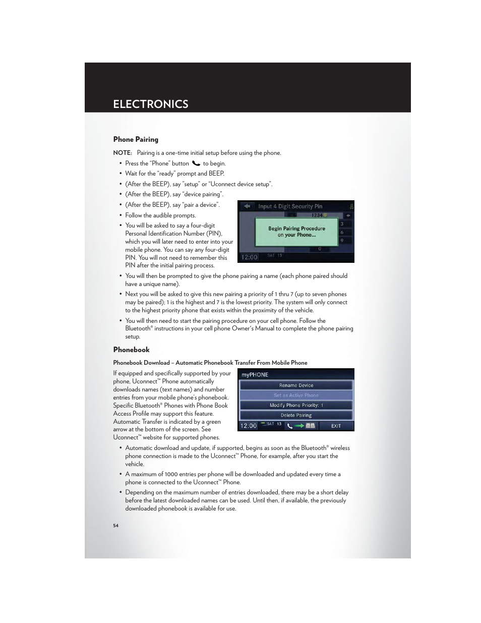 Phone pairing, Phonebook, Electronics | Chrysler 2012 200 Convertible - User Guide User Manual | Page 56 / 108