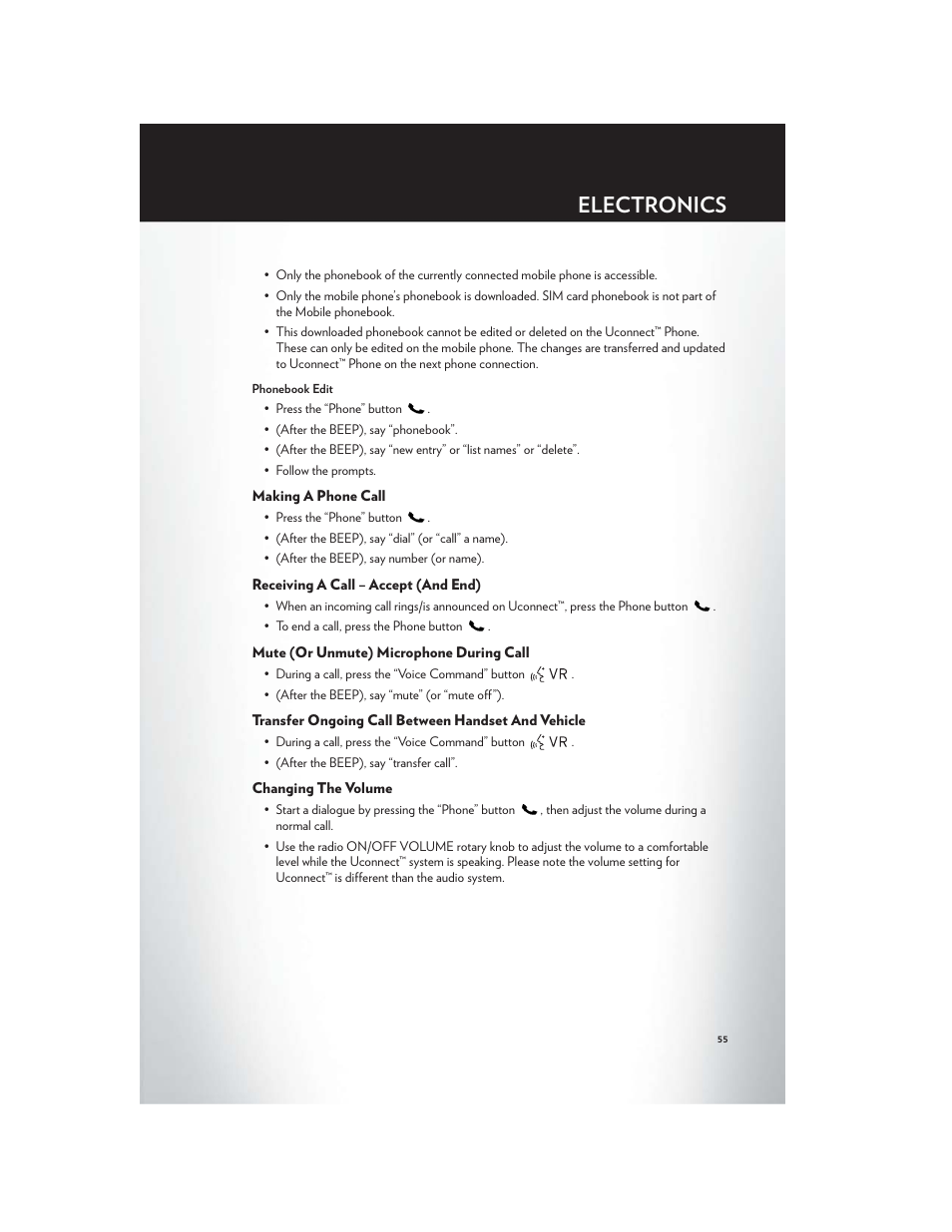 Making a phone call, Receiving a call – accept (and end), Mute (or unmute) microphone during call | Transfer ongoing call between handset and vehicle, Changing the volume, Electronics | Chrysler 2012 200 Convertible - User Guide User Manual | Page 57 / 108