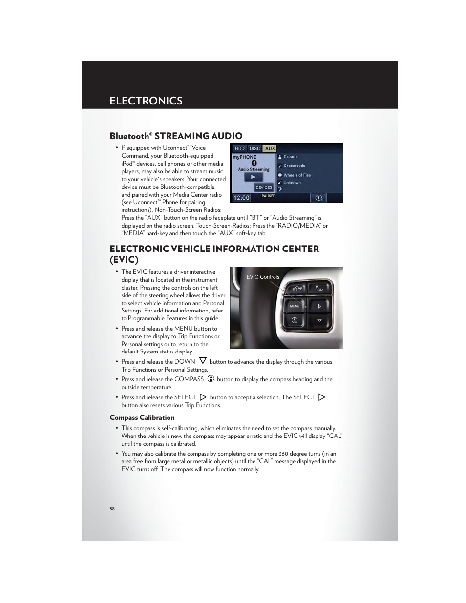 Bluetooth® streaming audio, Electronic vehicle information center (evic), Compass calibration | Electronics | Chrysler 2012 200 Convertible - User Guide User Manual | Page 60 / 108