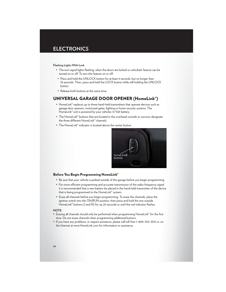 Universal garage door opener (homelink®), Before you begin programming homelink, Electronics | Chrysler 2012 200 Convertible - User Guide User Manual | Page 62 / 108