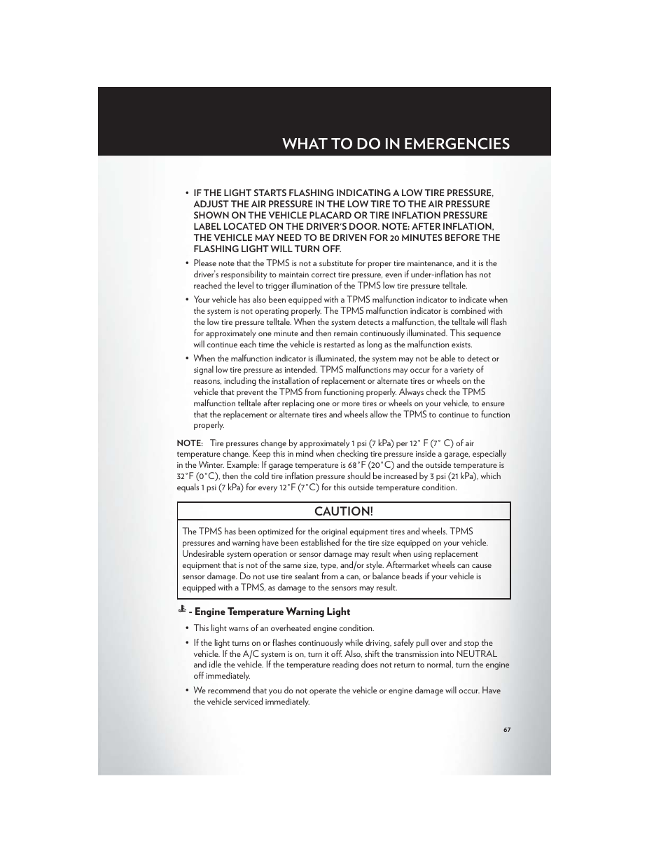 Engine temperature warning light, What to do in emergencies, Caution | Chrysler 2012 200 Convertible - User Guide User Manual | Page 69 / 108