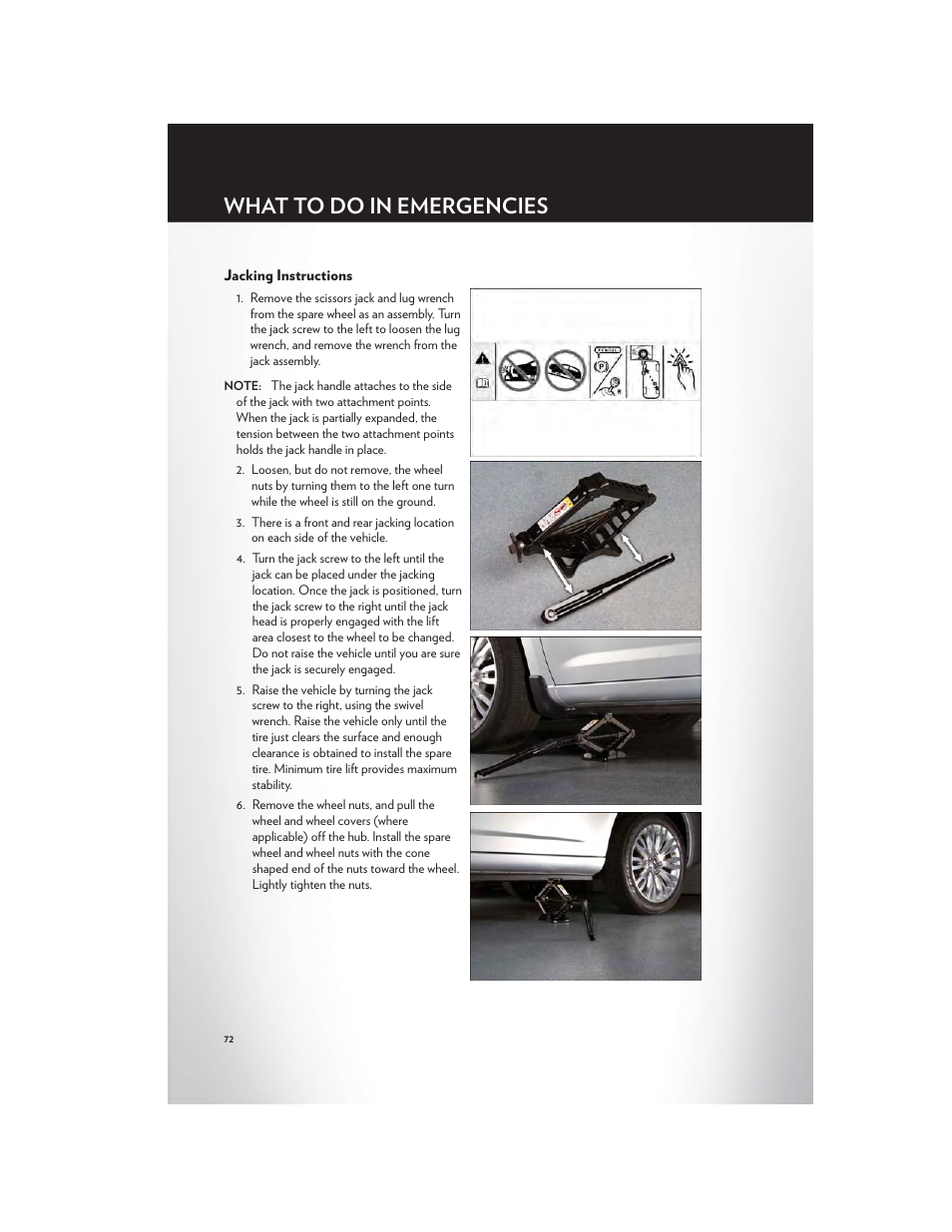 Jacking instructions, What to do in emergencies | Chrysler 2012 200 Convertible - User Guide User Manual | Page 74 / 108