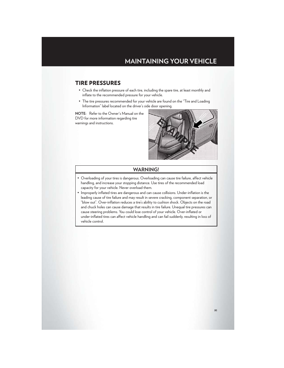 Tire pressures, Maintaining your vehicle | Chrysler 2012 200 Convertible - User Guide User Manual | Page 93 / 108