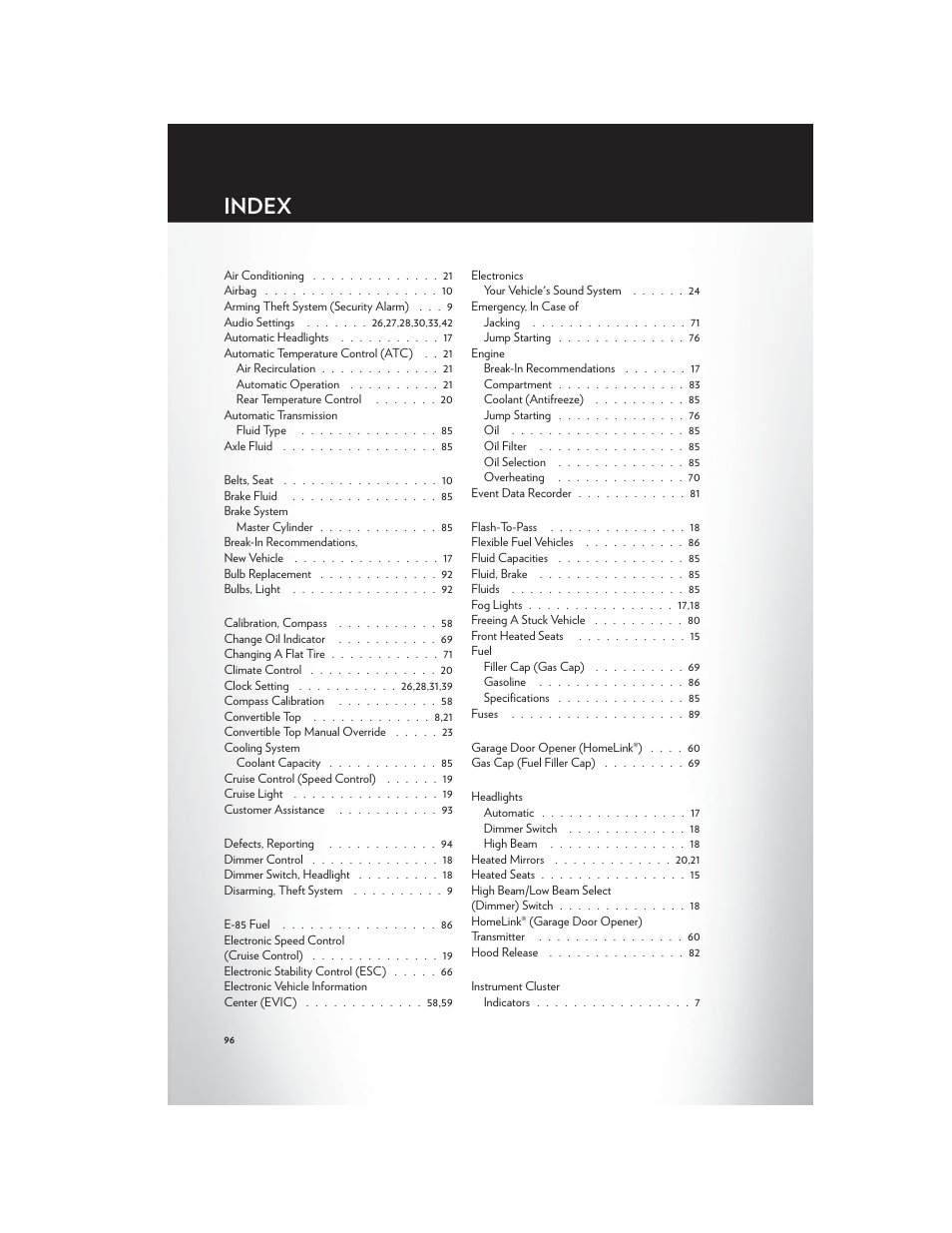 Index | Chrysler 2012 200 Convertible - User Guide User Manual | Page 98 / 108