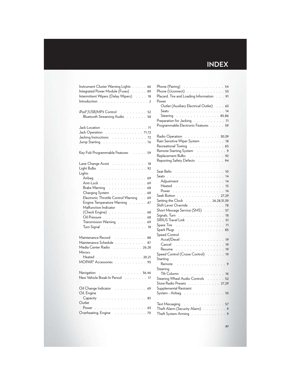 Index | Chrysler 2012 200 Convertible - User Guide User Manual | Page 99 / 108