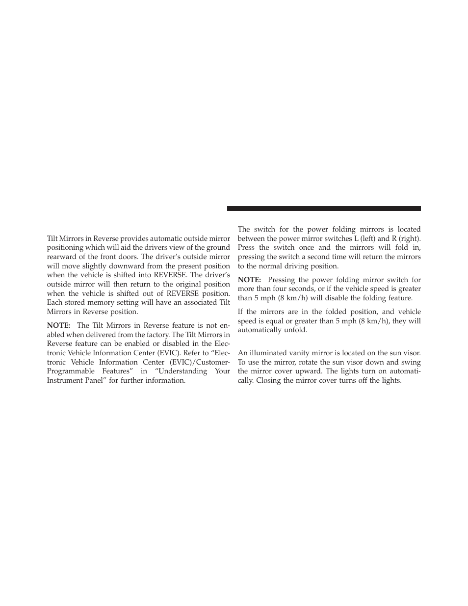 Power folding mirrors — if equipped, Illuminated vanity mirrors — if equipped, Tilt mirrors in reverse (available with | Memory seat only) — if equipped | Chrysler 2012 Country - Owner Manual User Manual | Page 122 / 652