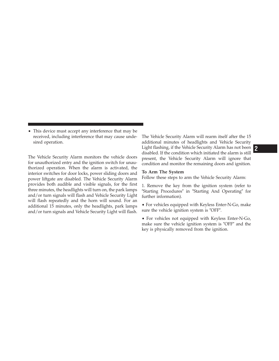 Vehicle security alarm — if equipped, Rearming of the system | Chrysler 2012 Country - Owner Manual User Manual | Page 19 / 652