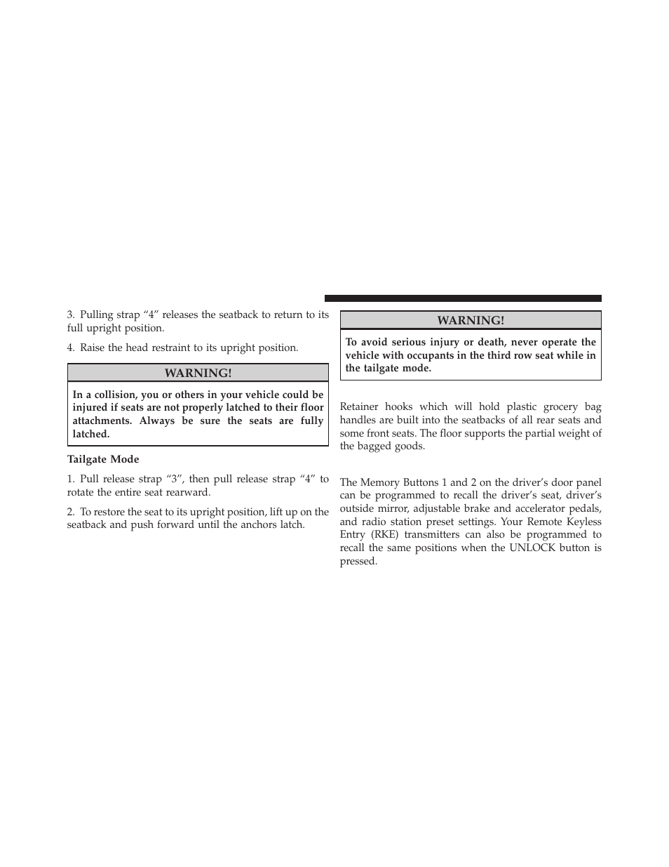 Plastic grocery bag retainer hooks, Driver memory seat — if equipped | Chrysler 2012 Country - Owner Manual User Manual | Page 198 / 652