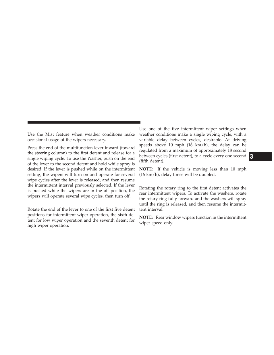 Mist, front wiper and washer, Intermittent, low and high speed wipers, Rear wiper and washer | Chrysler 2012 Country - Owner Manual User Manual | Page 213 / 652