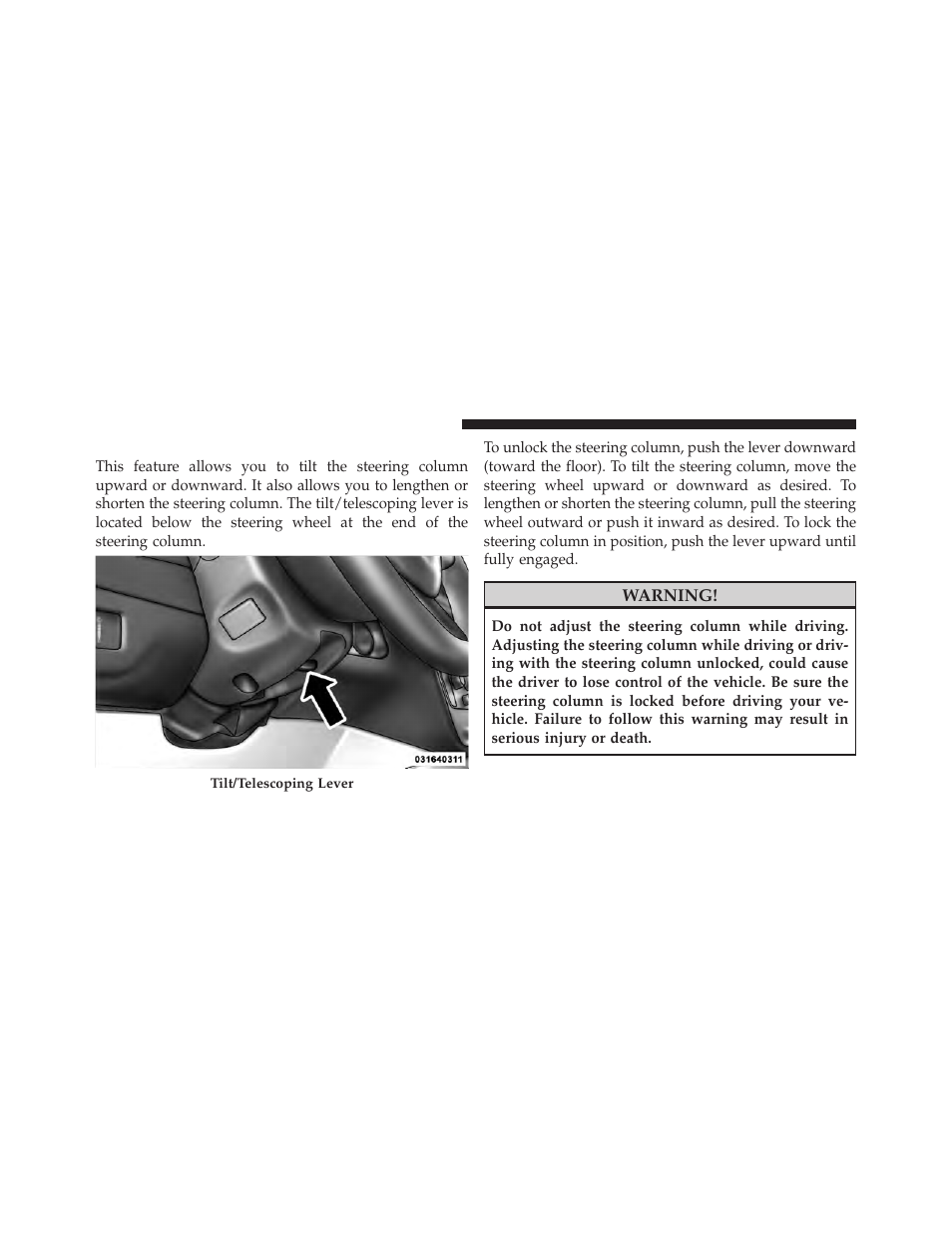 Tilt/telescoping steering column | Chrysler 2012 Country - Owner Manual User Manual | Page 216 / 652