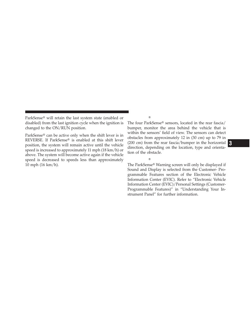 Parksenseĥ sensors, Parksenseĥ warning display, Parksense௡ sensors | Parksense௡ warning display | Chrysler 2012 Country - Owner Manual User Manual | Page 223 / 652