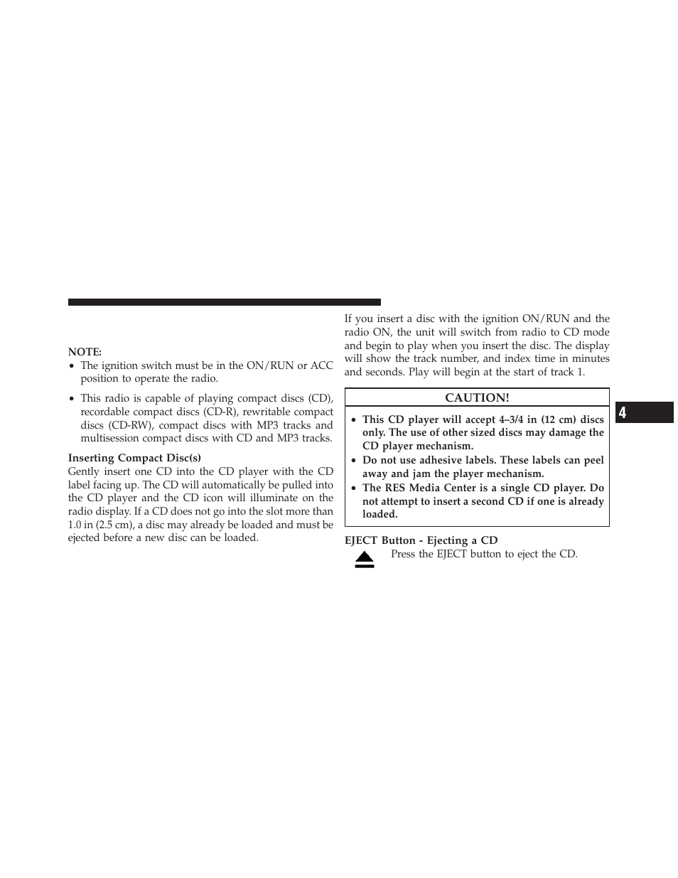 Operation instructions — cd mode for cd, And mp3 audio play | Chrysler 2012 Country - Owner Manual User Manual | Page 345 / 652