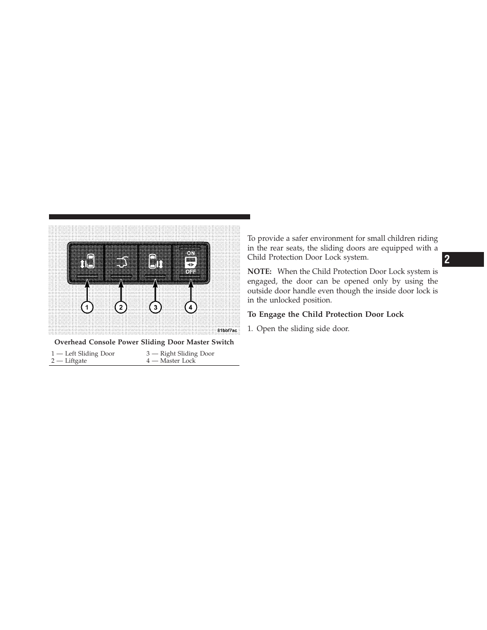 Sliding side door child protection lock | Chrysler 2012 Country - Owner Manual User Manual | Page 53 / 652