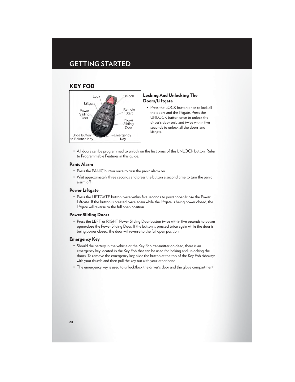 Getting started, Key fob, Locking and unlocking the doors/liftgate | Panic alarm, Power liftgate, Power sliding doors, Emergency key | Chrysler 2012 Country - User Guide User Manual | Page 10 / 132