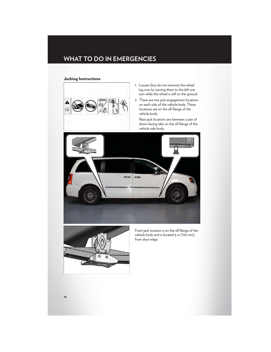 Jacking instructions, What to do in emergencies | Chrysler 2012 Country - User Guide User Manual | Page 100 / 132