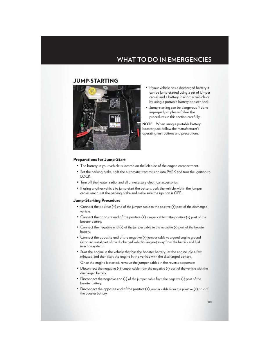 Jump-starting, Preparations for jump-start, Jump-starting procedure | What to do in emergencies | Chrysler 2012 Country - User Guide User Manual | Page 105 / 132