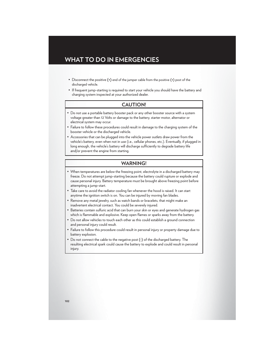 What to do in emergencies, Caution, Warning | Chrysler 2012 Country - User Guide User Manual | Page 106 / 132
