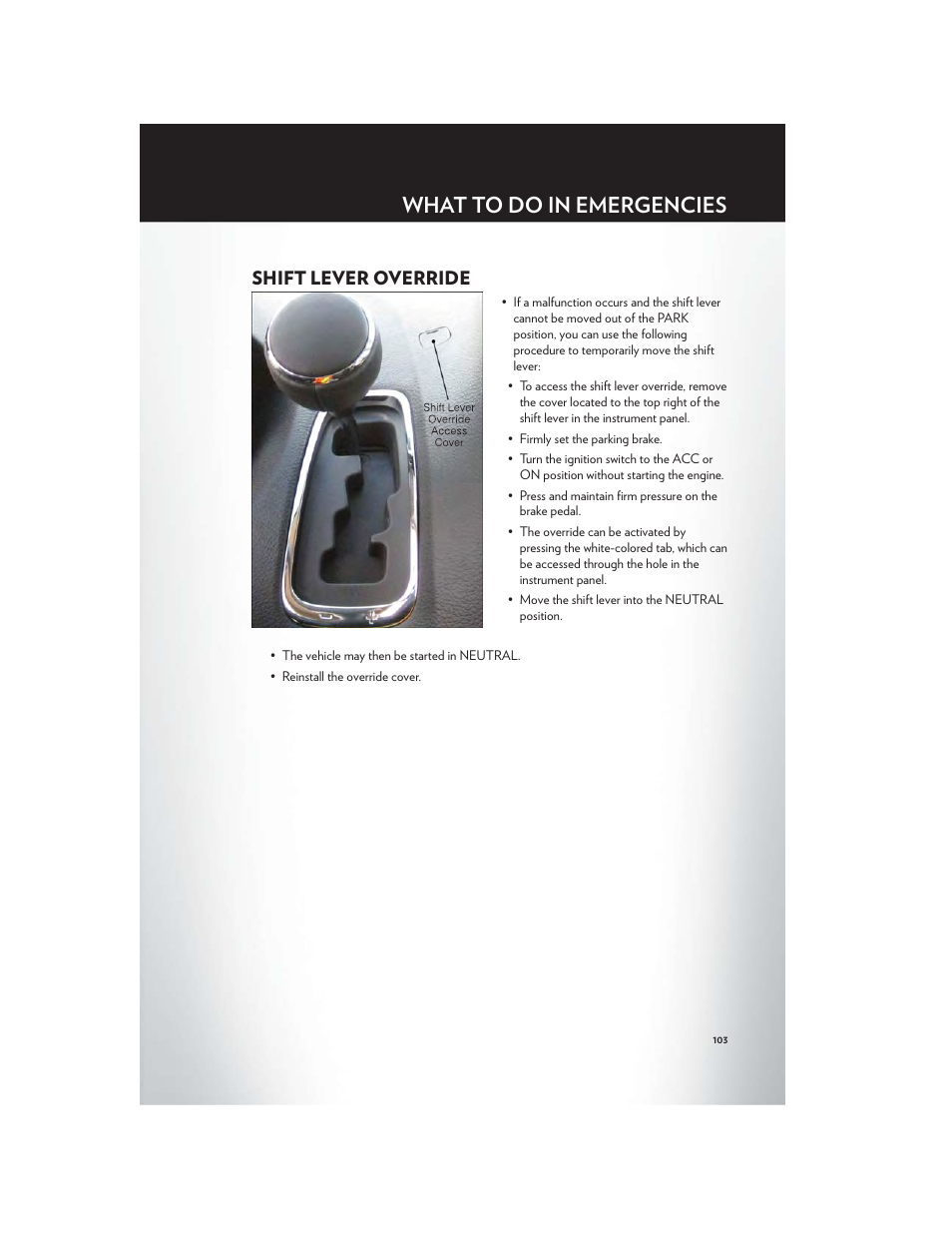 Shift lever override, Towing a disabled vehicle, What to do in emergencies | Chrysler 2012 Country - User Guide User Manual | Page 107 / 132
