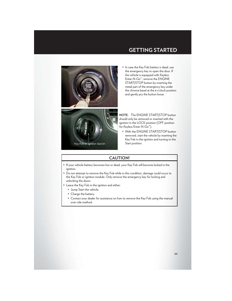 Getting started, Caution | Chrysler 2012 Country - User Guide User Manual | Page 11 / 132